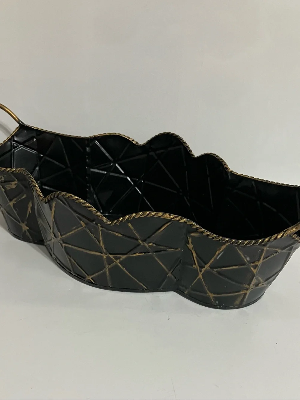 Metal Tray Decorative Black and Gold Scalloped Planter with Spider Web Design
